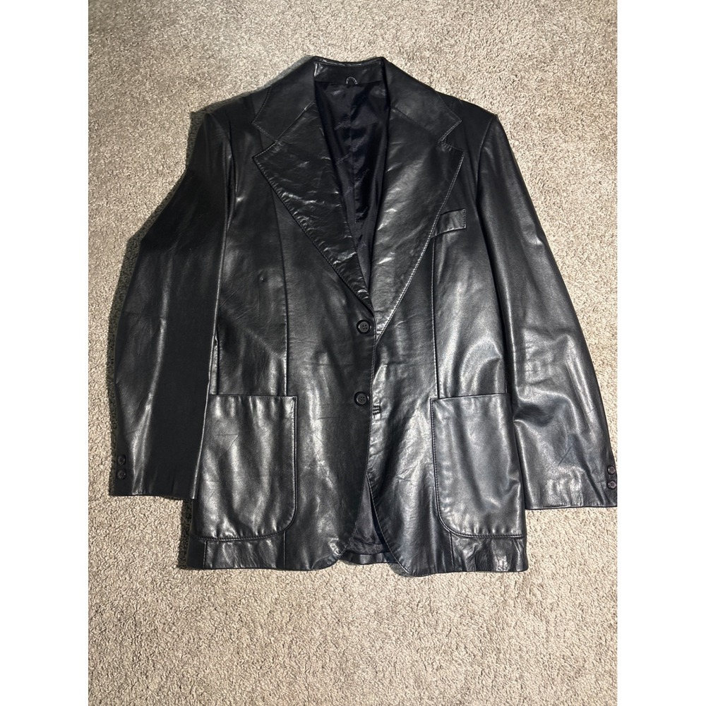 Vintage Yves Saint Laurent Black Leather Blazer Jacket Mens 42R Made in Uruguay